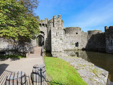 Stone castle with a moat and wooden bridge surrounded by grass and a large tree at Tegfryn Bach in Llangoed near Beaumaris