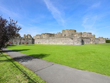 A stone castle with playground equipment and a pathway on green grass at Tegfryn Bach in Llangoed near Beaumaris