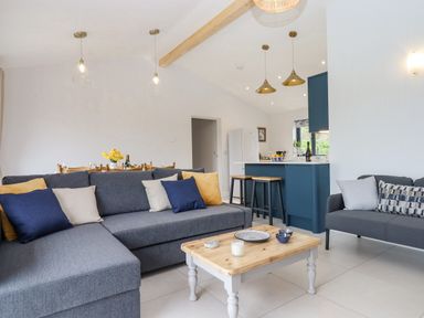 An open living space with gray sofas, a wooden coffee table, and a blue kitchen area at Woodpecker Lodge in Butterleigh