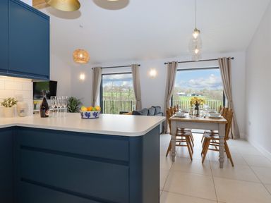 A kitchen and dining area with blue cabinets and a wooden dining table at Woodpecker Lodge in Butterleigh