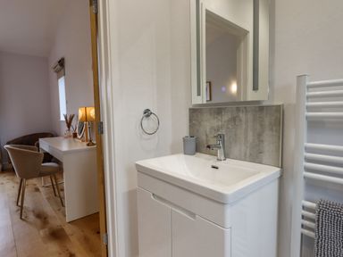 A bathroom sink with a mirror and a towel rack next to a room with a desk and chairs at Woodpecker Lodge in Butterleigh