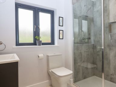 A bathroom with a toilet a shower with glass door and a window with a plant on the sill at Woodpecker Lodge in Butterleigh