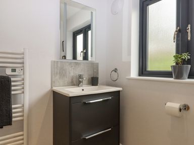 A bathroom with a sink cabinet mirror window towel rail and a potted plant at Woodpecker Lodge in Butterleigh
