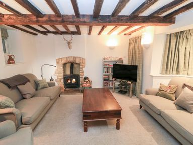 A living room with a fireplace and television at Butlers Cottage in Burford