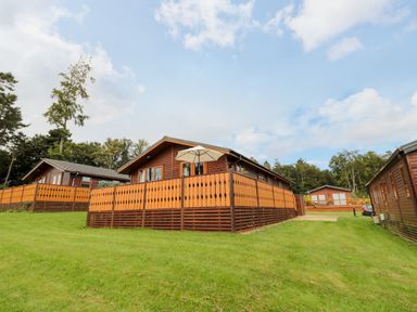 Several wooden lodges with fenced decks on a grassy area with trees in the background at Hillside View in Alnwick