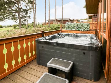 An outdoor deck with a hot tub and steps overlooking a grassy area and wooden cabins at Hillside View in Alnwick