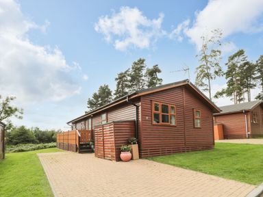 A wooden cabin with a paved driveway and green grass at Hillside View in Alnwick