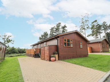 A wooden cabin with a paved driveway and surrounding grass at Hillside View in Alnwick