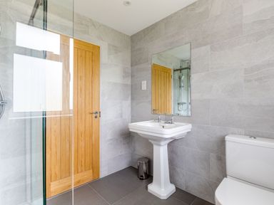 A bathroom with a pedestal sink mirror toilet wooden door and glass shower at The Garden House in Rock