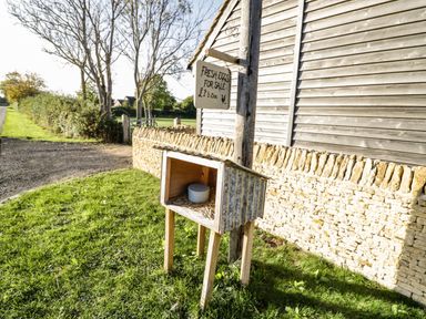 A small wooden stand with a sign offering fresh eggs for sale near a wooden barn and stone wall at The Hyde in Armscote near Newbold on Stour