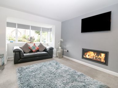A living room with a black leather sofa a wall-mounted television and a fireplace at Berllan in Llanbedrgoch near Benllech
