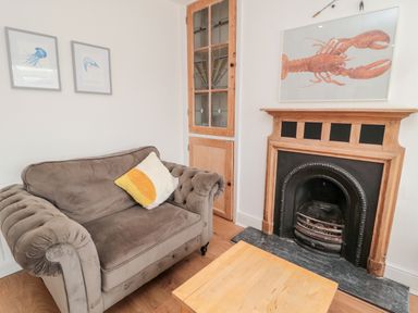 A living room with a brown sofa a wooden coffee table a fireplace and marine animal pictures on the wall at Shileen in Seahouses