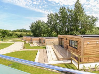 Row of wooden lodges with ramps and paths surrounded by green grass and trees at Champagne in Seaview