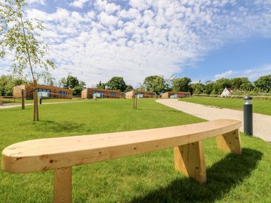 A wooden bench on grass with a path leading to modern wooden cabins and trees at Champagne in Seaview