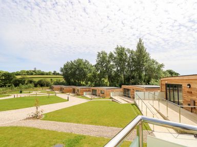 A group of wooden cabins with glass doors and railings surrounded by grass and pathways with trees in the background at Barolo in Seaview