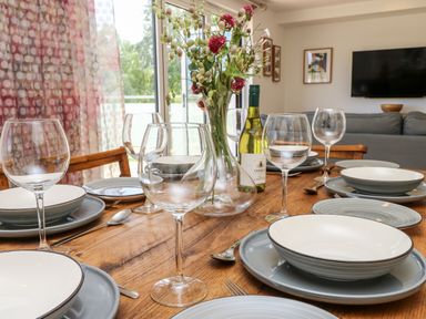 A dining table set with plates, wine glasses, a vase with flowers, and a bottle of wine in a room with a television and curtains at Cava in Seaview