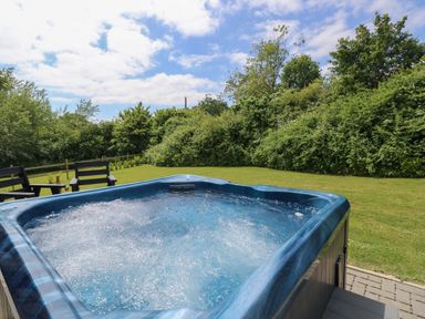An outdoor hot tub with water bubbling on a patio overlooking a grassy garden with trees and shrubs at Chianti in Seaview