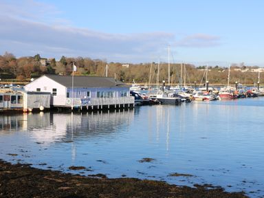 A seafood cafe on stilts next to a marina with boats and trees in the background at Claret in Seaview
