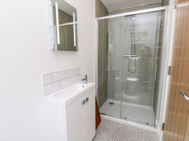 A bathroom with a sink and cabinet a mirror a glass-enclosed shower and patterned floor tiles at Claret in Seaview