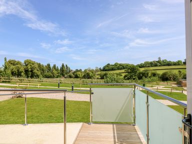 A balcony with glass and metal railing overlooking a grassy area and trees at Muscat in Seaview