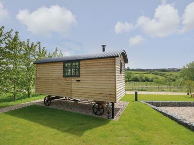 A wooden shepherd hut on wheels in a grassy yard with trees and fields in the background at Malbec Pondwell near Seaview