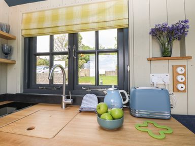 A kitchen countertop with a sink, a bowl of apples, a kettle, a toaster, and a window with a yellow blind at Malbec Pondwell near Seaview