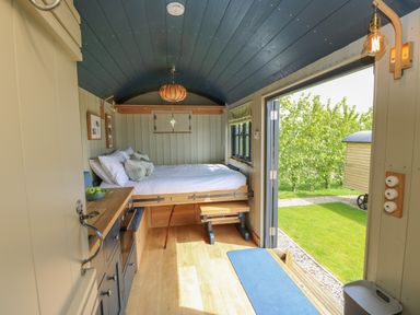 A small bedroom with a bed shelves kitchen units and an open door leading outside at Malbec Pondwell near Seaview