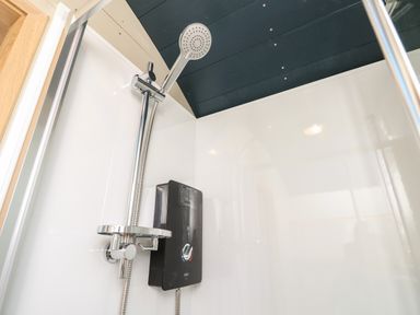 A shower with a detachable showerhead and a black control panel in a bathroom at Malbec Pondwell near Seaview