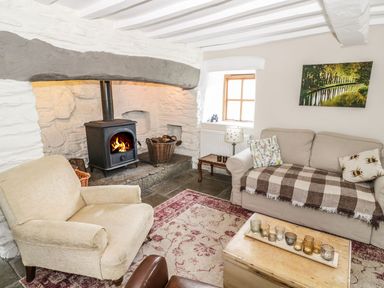 A sitting room with a wood burning stove armchair sofa and coffee table at Tan Y Garth Cottage in Glyndyfrdwy near Llangollen