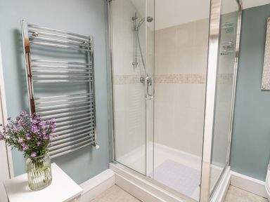 A bathroom with a glass shower enclosure a chrome towel radiator and flowers in a glass jar on a small white table at Tan Y Garth Cottage in Glyndyfrdwy near Llangollen