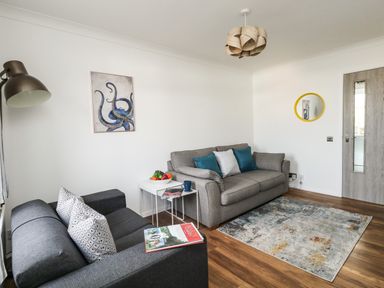 A living room with two sofas a floor lamp a framed octopus picture a rug and a small table at Little Tern Brewers Quay Harbour