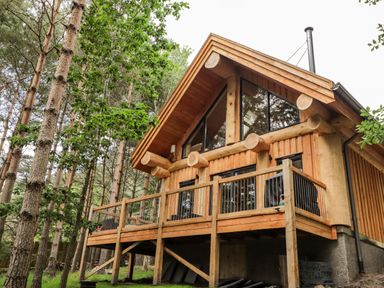 A wooden log cabin with a balcony surrounded by trees at Pine Marten Lodge in Dulnain Bridge near Nethy Bridge