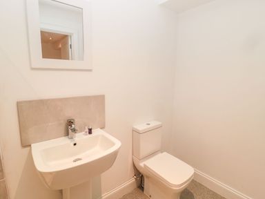 A bathroom with a toilet and a sink with a mirror above at Shepherds House in Lowick