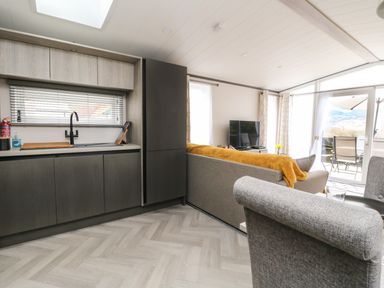 An open plan kitchen and living room with a sofa a TV and a dining area by glass doors at Red Kite Lodge in St Fillans
