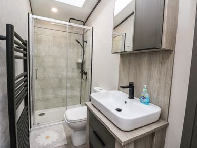 A bathroom with a shower enclosure toilet sink with a faucet mirror cabinet and towel radiator at Red Kite Lodge in St Fillans