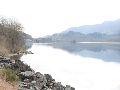 A lakeside view with rocky shore and trees beside calm water with hills in the background at Red Kite Lodge in St Fillans