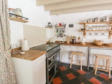 A kitchen with a stove and wooden counter at Sycamore Vestry in Pontfaen near Fishguard