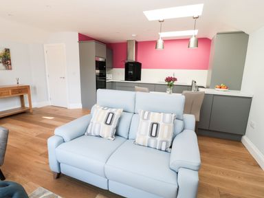 An open plan living room and kitchen with a light blue sofa and two patterned cushions at 3 The Paddock Benthall near Beadnell