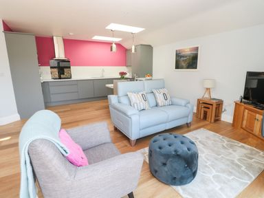 A living room with a gray armchair, blue sofa, dark ottoman, rug, wooden floor, TV on wooden cabinet and kitchen area with gray cabinets and pink wall at 3 The Paddock Benthall near Beadnell