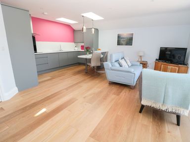 An open kitchen and living area with grey cabinets pink wall and light blue chairs at 3 The Paddock Benthall near Beadnell