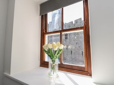 A vase with white tulips on a windowsill with a view of a stone castle wall at Llety Pen Deitsh 2 in Caernarfon