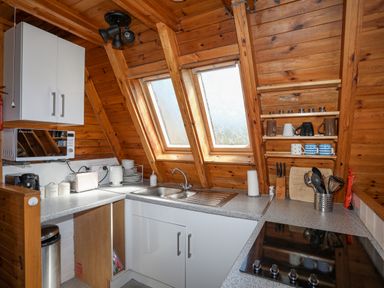 A kitchen with wooden walls and ceiling featuring a countertop with a sink stove microwave and shelves with kitchen utensils at 171 Snowdonia View in Chwilog