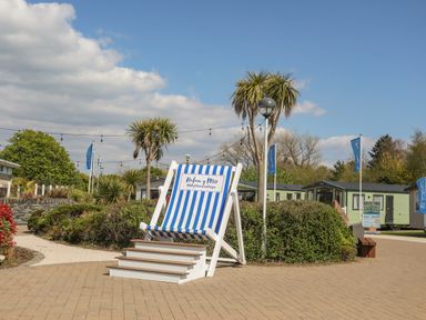 An outdoor area with a large striped deck chair with steps surrounded by plants palm trees and buildings at 171 Snowdonia View in Chwilog
