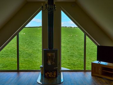 A living room with a wood stove and large triangular windows overlooking a green field with sheep at Holly Lodge in Forden near Montgomery