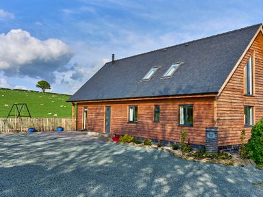 A wooden house with a black roof and several windows next to a fenced green field with sheep and a swing at Holly Lodge in Forden near Montgomery