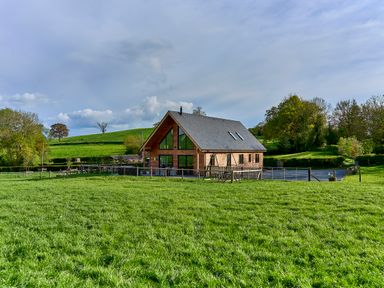 A wooden house with a swingset in a fenced grassy field surrounded by trees at Holly Lodge in Forden near Montgomery
