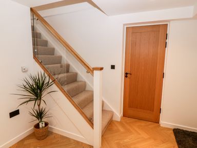 A staircase with carpeted steps and glass railing next to a wooden door and a potted plant at Sgubor in Llangefni