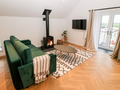 A living room with a green sofa a wood stove a mounted TV a coffee table and glass doors at Sgubor in Llangefni