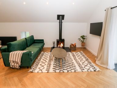 A living room with a green sofa a fireplace a wood stove a patterned rug a small table a basket with firewood a potted plant and a wall-mounted television at Sgubor in Llangefni