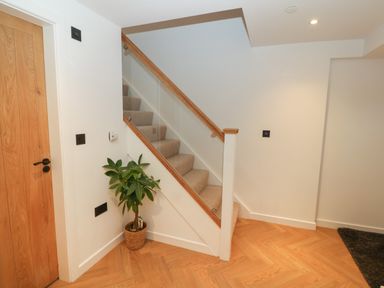 A stairway with carpeted steps and glass panel railing next to a wooden door and a potted plant at Beudy in Llangefni